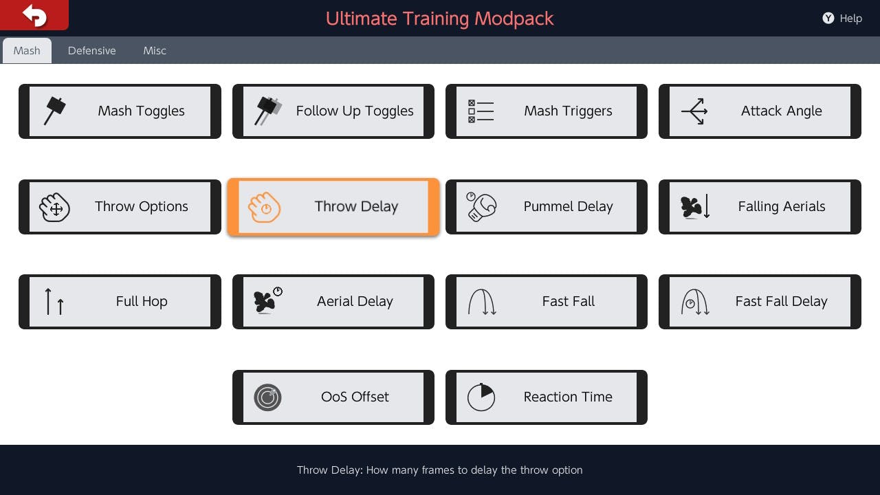 Utlimate Training Modpack UI menu's default page, with the 'Throw Delay' option selected.